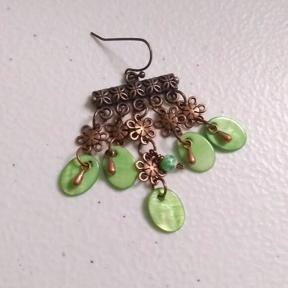 Intricate Boho Floral Chandelier Dangle Earrings! Shell & Copper Forest Magic - Picture 2 of 8